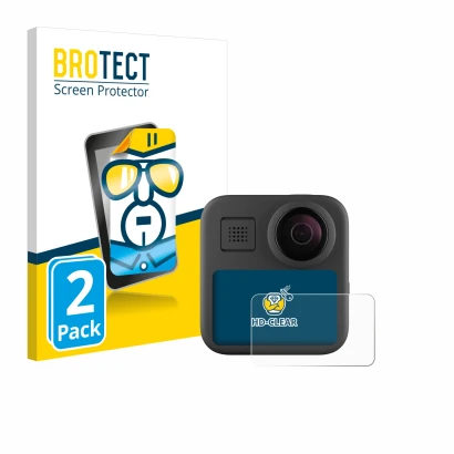 Front side of a product packaging with the brand logo BROTECT. Next to it is the device GoPro Max (2025) shown with the corres