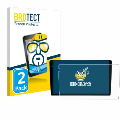 Front side of a product packaging with the brand logo BROTECT. Next to it is the device Teyes CC3 9" shown with the correspond