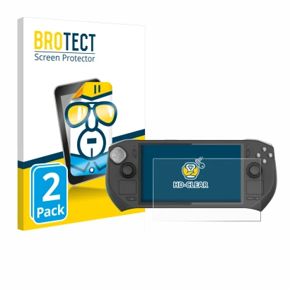 Front side of a product packaging with the brand logo BROTECT. Next to it is the device Zotac Gaming Zone shown with the corre