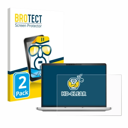 Front side of a product packaging with the brand logo BROTECT. Next to it is the device Dell Pro 13 Plus Laptop shown with the