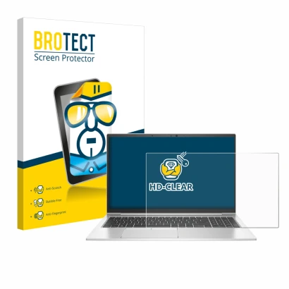 Front side of a product packaging with the brand logo BROTECT. Next to it is the device HP EliteBook 855 G8 shown with the cor