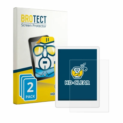 Front side of a product packaging with the brand logo BROTECT. Next to it is the device Meebook M8 7.8" shown with the corresp