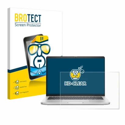 Front side of a product packaging with the brand logo BROTECT. Next to it is the device Dell Pro 14 Plus PB14250 shown with th