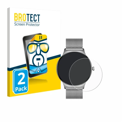 Front side of a product packaging with the brand logo BROTECT. Next to it is the device Pireware Slim Smartwatch shown with th