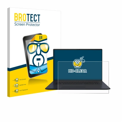 Front side of a product packaging with the brand logo BROTECT. Next to it is the device ASUS Vivobook 18 M1807 shown with the 