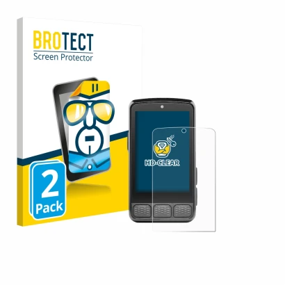 Front side of a product packaging with the brand logo BROTECT. Next to it is the device Wahoo Elemnt Roam 3 shown with the cor