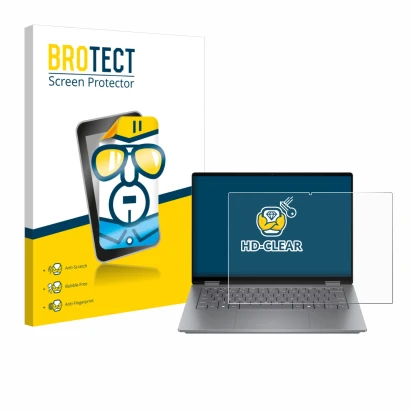 Front side of a product packaging with the brand logo BROTECT. Next to it is the device HP OmniBook X Flip 14 shown with the c