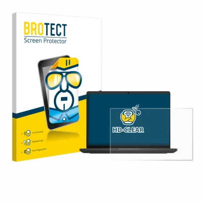 Front side of a product packaging with the brand logo BROTECT. Next to it is the device Dell Pro Max 16 shown with the corresp