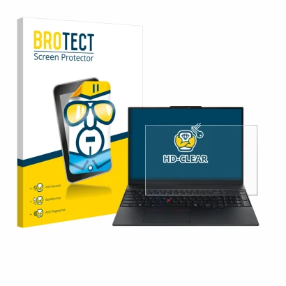 Front side of a product packaging with the brand logo BROTECT. Next to it is the device Lenovo ThinkPad E16 Gen 3 shown with t