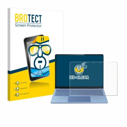 Front side of a product packaging with the brand logo BROTECT. Next to it is the device Microsoft Surface Laptop 13.8