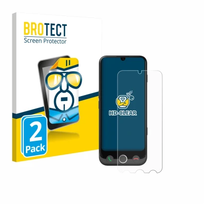 Front side of a product packaging with the brand logo BROTECT. Next to it is the device Doro Aurora A30 shown with the corresp