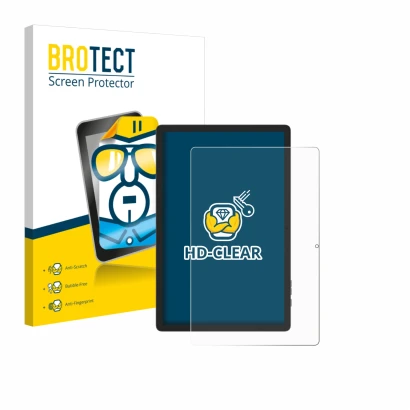 Front side of a product packaging with the brand logo BROTECT. Next to it is the device Doogee Tab E3 Pro 13 shown with the co