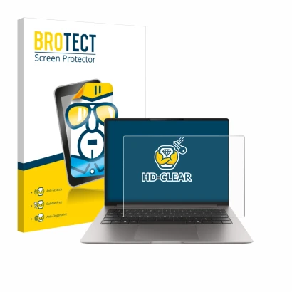 Front side of a product packaging with the brand logo BROTECT. Next to it is the device Honor MagicBook Pro 14 shown with the 