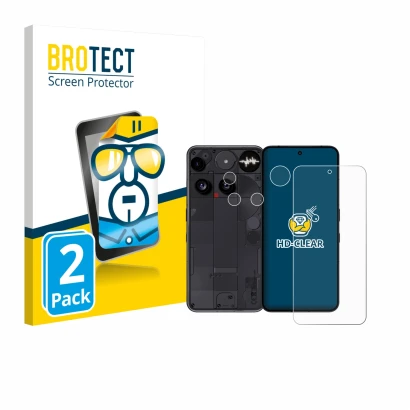 Front side of a product packaging with the brand logo BROTECT. Next to it is the device Nothing Phone (3) (Front+Camera) shown
