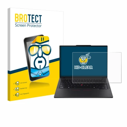 Front side of a product packaging with the brand logo BROTECT. Next to it is the device Lenovo ThinkPad T14 Gen 6 shown with t