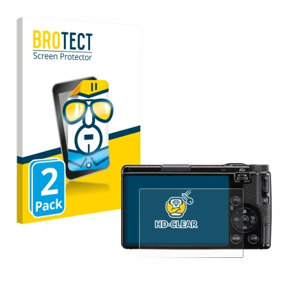 Front side of a product packaging with the brand logo BROTECT. Next to it is the device Ricoh GR IV 2025 shown with the corres