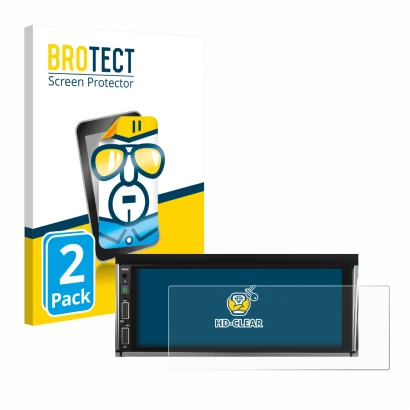 Front side of a product packaging with the brand logo BROTECT. Next to it is the device Hikity Carplay 6.86" shown with the co
