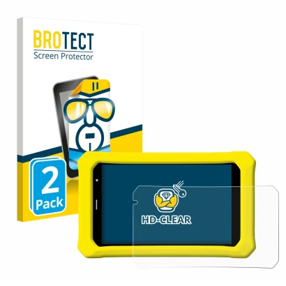 Front side of a product packaging with the brand logo BROTECT. Next to it is the device Clementoni Clempad 8" PRO shown with t