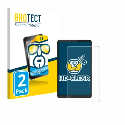 Front side of a product packaging with the brand logo BROTECT. Next to it is the device Lenovo Tab One 8.7" shown with the cor