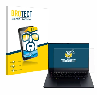 Front side of a product packaging with the brand logo BROTECT. Next to it is the device Razer Blade 14 2025 shown with the cor