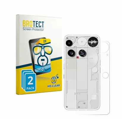 Front side of a product packaging with the brand logo BROTECT. Next to it is the device Nothing Phone (3) (Back) shown with th