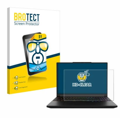 Front side of a product packaging with the brand logo BROTECT. Next to it is the device XMG Pro 16 shown with the correspondin