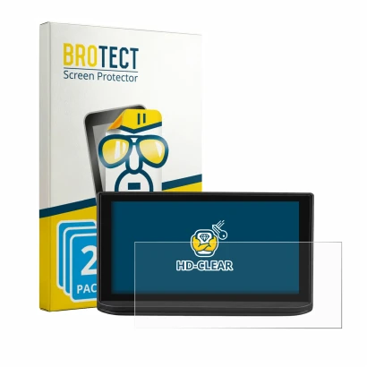 Front side of a product packaging with the brand logo BROTECT. Next to it is the device Peugeot 3008 2023 shown with the corre