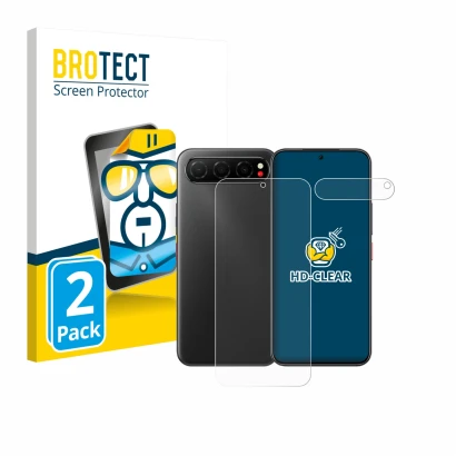 Front side of a product packaging with the brand logo BROTECT. Next to it is the device Nubia Air (Front+Camera) shown with th
