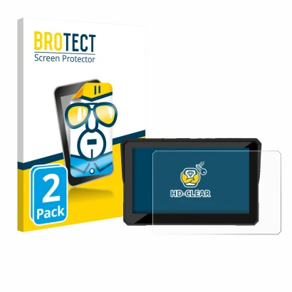 Front side of a product packaging with the brand logo BROTECT. Next to it is the device Carpuride W502 Pro 5" shown with the c