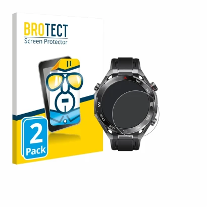 Front side of a product packaging with the brand logo BROTECT. Next to it is the device Huawei Watch Ultimate 2 Black shown wi