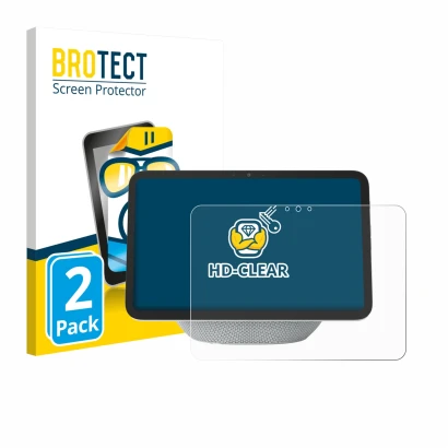 Front side of a product packaging with the brand logo BROTECT. Next to it is the device Amazon Echo Show 11 2025 shown with th