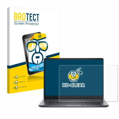 Front side of a product packaging with the brand logo BROTECT. Next to it is the device Dell Pro 14 PC14250 shown with the cor