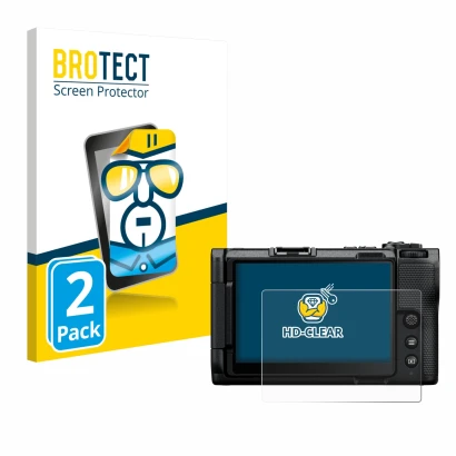 Front side of a product packaging with the brand logo BROTECT. Next to it is the device Nikon ZR shown with the corresponding