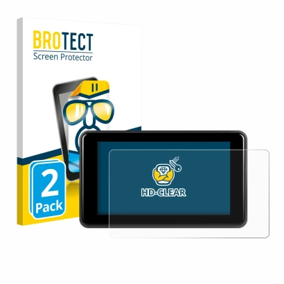 Front side of a product packaging with the brand logo BROTECT. Next to it is the device Vechtel Motorrad Carplay 5" shown with
