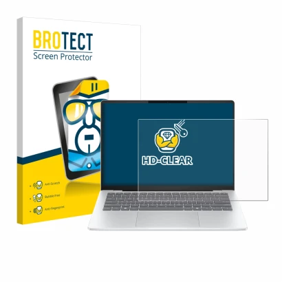Front side of a product packaging with the brand logo BROTECT. Next to it is the device HP OmniBook 5 14 shown with the corres