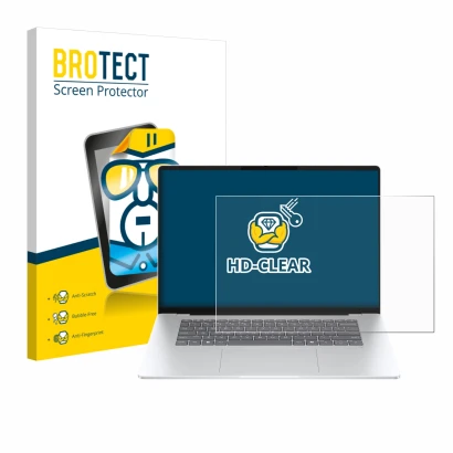 Front side of a product packaging with the brand logo BROTECT. Next to it is the device HP OmniBook 5 16 shown with the corres