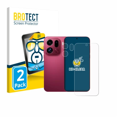 Front side of a product packaging with the brand logo BROTECT. Next to it is the device Oppo Find X9 Pro (Front+Camera) shown 