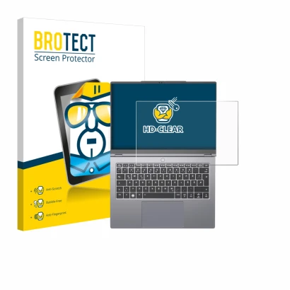 Front side of a product packaging with the brand logo BROTECT. Next to it is the device Tuxedo InfinityBook Pro 14 Gen 10 show
