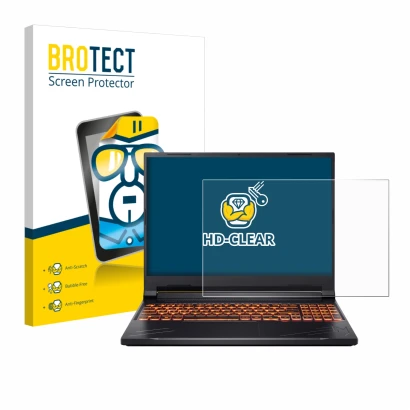 Front side of a product packaging with the brand logo BROTECT. Next to it is the device Acer Nitro V 16 shown with the corresp