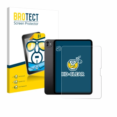 Front side of a product packaging with the brand logo BROTECT. Next to it is the device Apple iPad Pro 13" 2024 (Front+Camera)