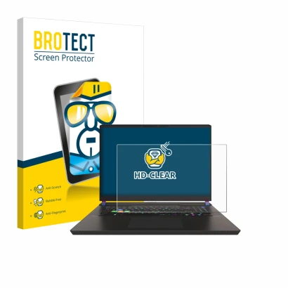 Front side of a product packaging with the brand logo BROTECT. Next to it is the device MSI Vector 17 HX shown with the corres