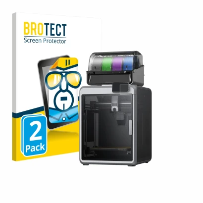Front side of a product packaging with the brand logo BROTECT. Next to it is the device Creality K2 shown with the correspondi