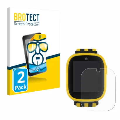 Front side of a product packaging with the brand logo BROTECT. Next to it is the device Xplora X6 Play BVB-Edition shown with 