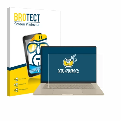 Front side of a product packaging with the brand logo BROTECT. Next to it is the device ASUS ZenBook A16 UX3607 shown with the