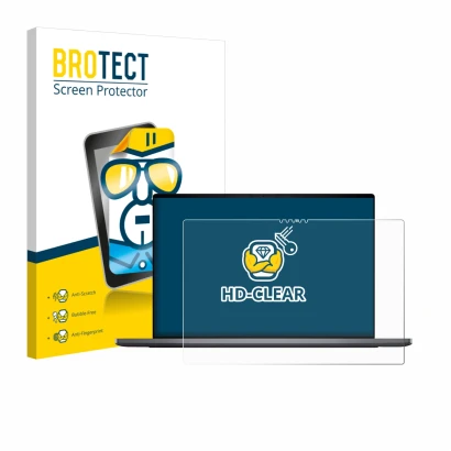 Front side of a product packaging with the brand logo BROTECT. Next to it is the device Dell XPS 16 DA16260 shown with the cor