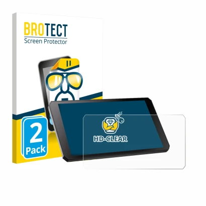 Front side of a product packaging with the brand logo BROTECT. Next to it is the device RiderNav R7M shown with the correspond