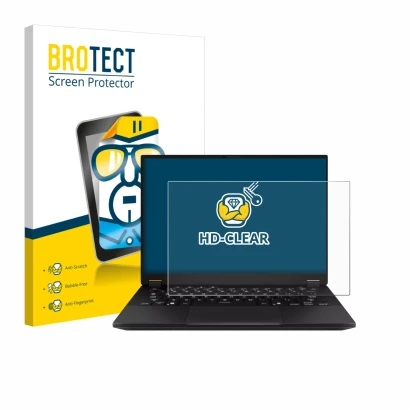 Front side of a product packaging with the brand logo BROTECT. Next to it is the device ASUS TUF Gaming A14 shown with the cor