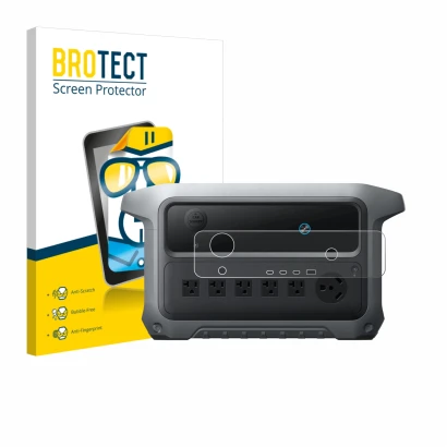 Front side of a product packaging with the brand logo BROTECT. Next to it is the device Anker SOLIX C2000 Gen 2 shown with the