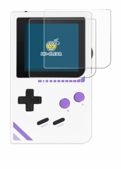 Image of the device Modretro Chromatic with a wide variety of screen protectors.