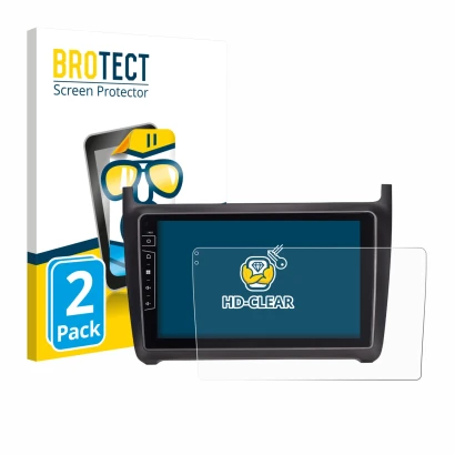 Front side of a product packaging with the brand logo BROTECT. Next to it is the device Dynavin D9-69H Premium Flex 9" shown w